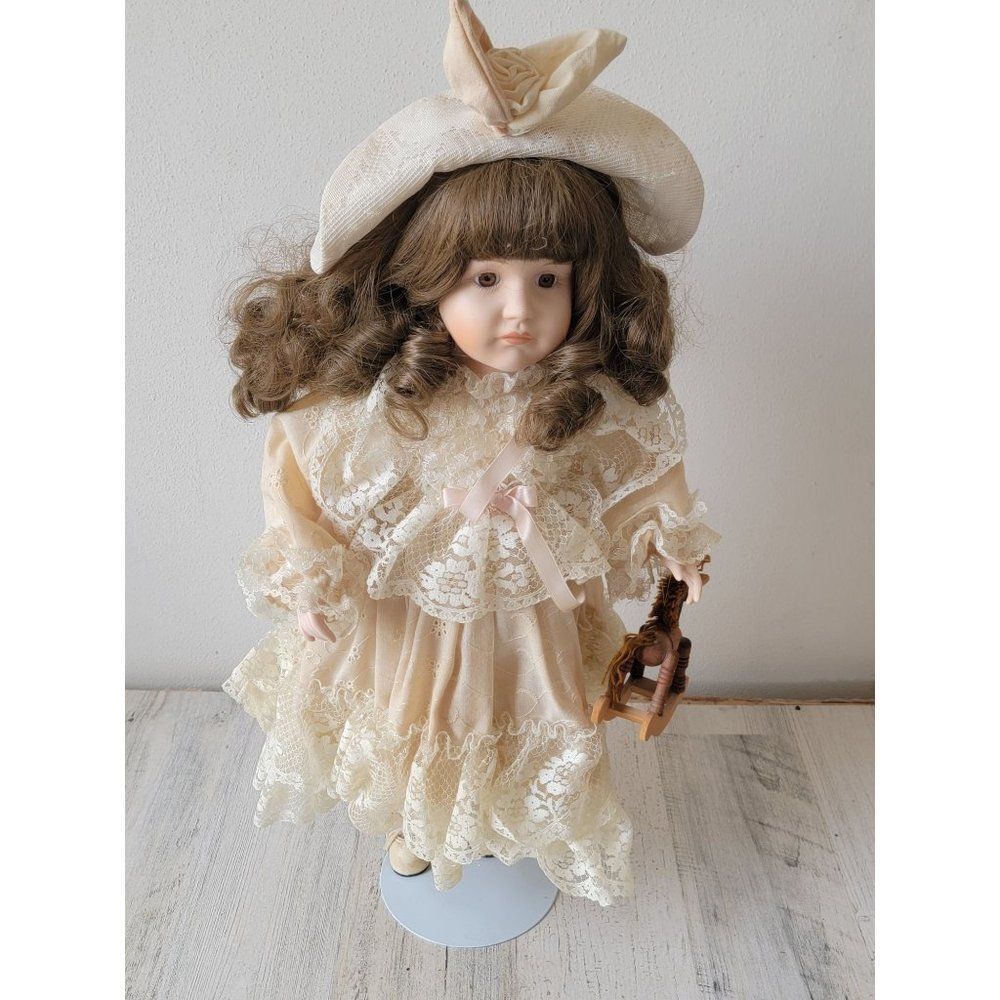 Brinn's porcelain doll white‎ lace dress girl rocking horse toy